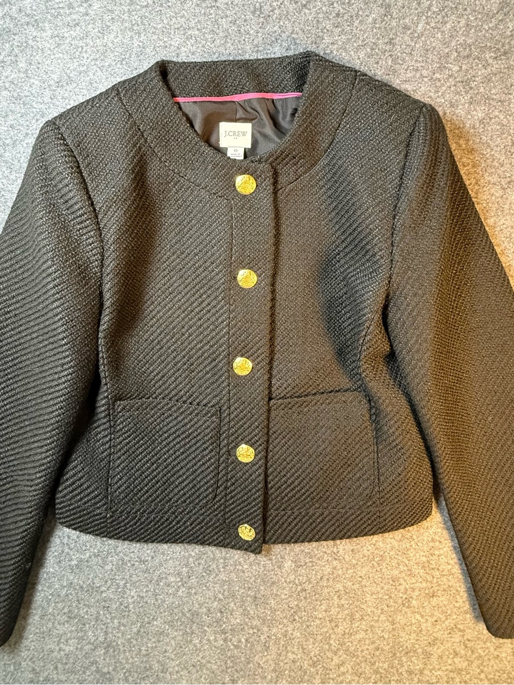 J.Crew Black Textured Cropped Jacket Gold Buttons Career Preppy Size 0 Parisian - Picture 8 of 11